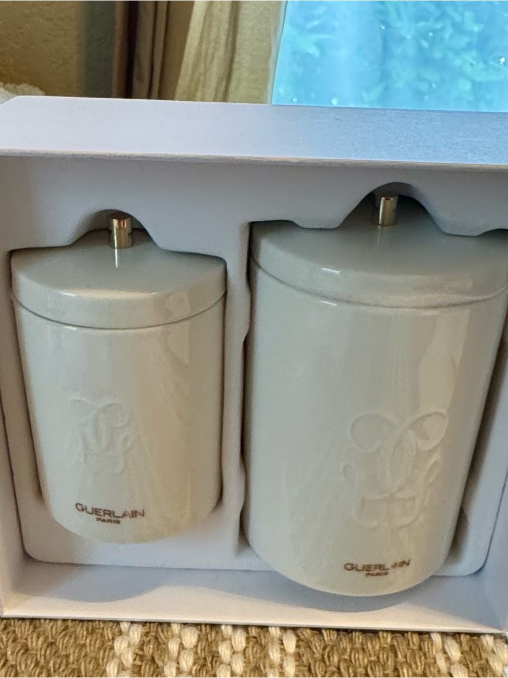 GUERLAIN Cream Ceramic Canisters with Gold Accents
